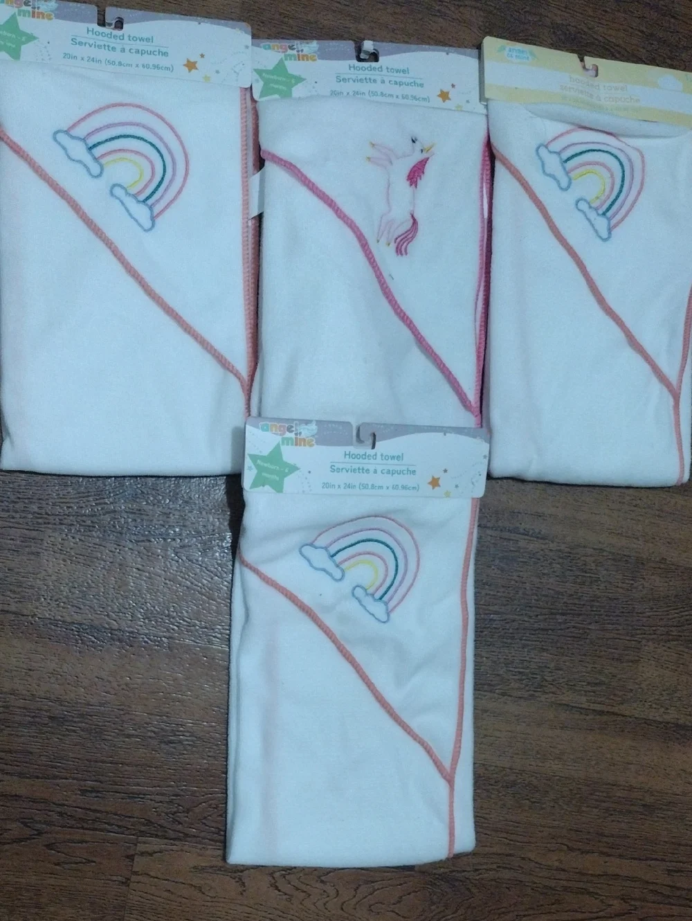 White Hooded Baby Towels 4 Pk with Rainbow & Unicorn Embroidery